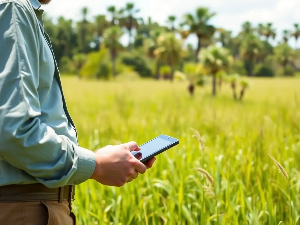 A professional appraiser inspecting a rural Florida land parcel with a digital tablet, surrounded by lush landscape, capturing the essence of a detailed land valuation process.