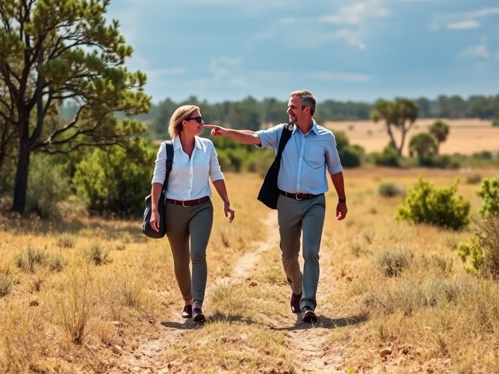 A prospective buyer touring a scenic Florida land parcel with a real estate agent, examining the land's features, symbolizing the guidance provided in land buying.