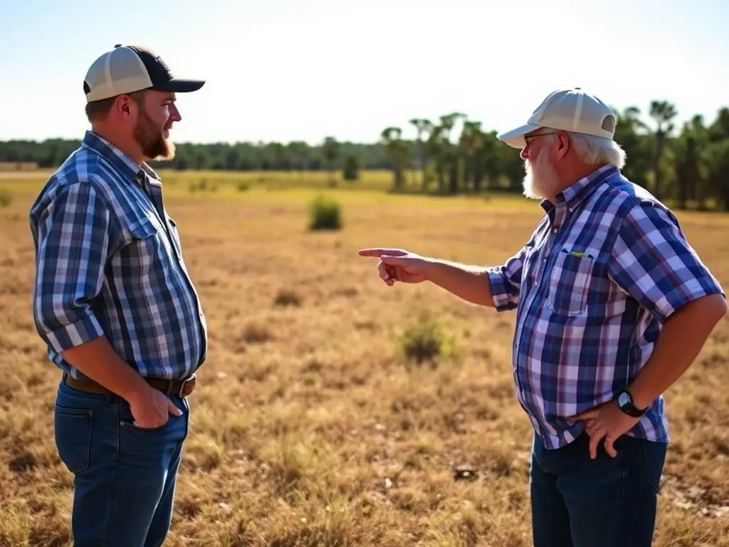 A real estate agent discussing land sale options with a landowner on a scenic Florida property, highlighting the personalized approach to land sales assistance.